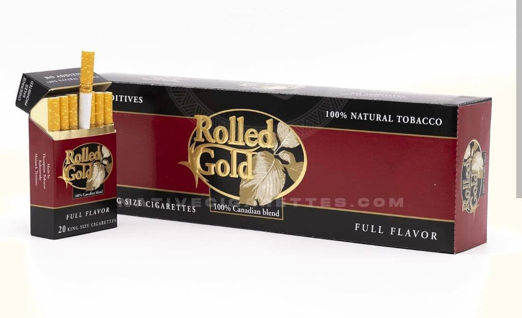 Box of Rolled Gold cigarettes with visible branding and product details.
